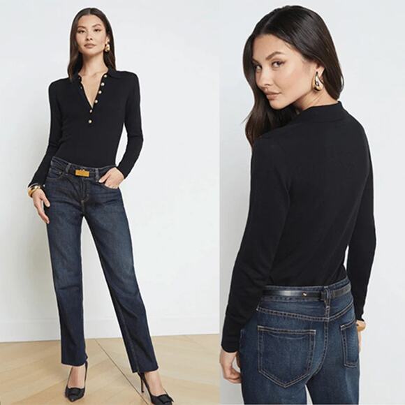 NWT L'agence Sterling Silk Cotton Tonal Button Henley Sweater Black Size: XL - Picture 1 of 8
